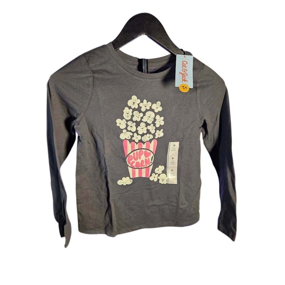 Cat & Jack Girls Pup Corn Graphic Tee‎ Long Sleeve Gray Shirt Size M 7-8 NWT